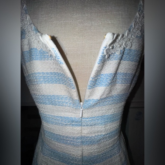 Lilly Pulitzer Rylan Flutter Blue Lurex Boucle Stripe Daisy Pearl Lace Dress Sz6 - Picture 4 of 15